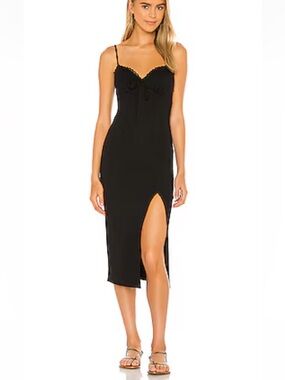 Privacy Please Black Midi Slip Dress with Front Thigh Slit Size S